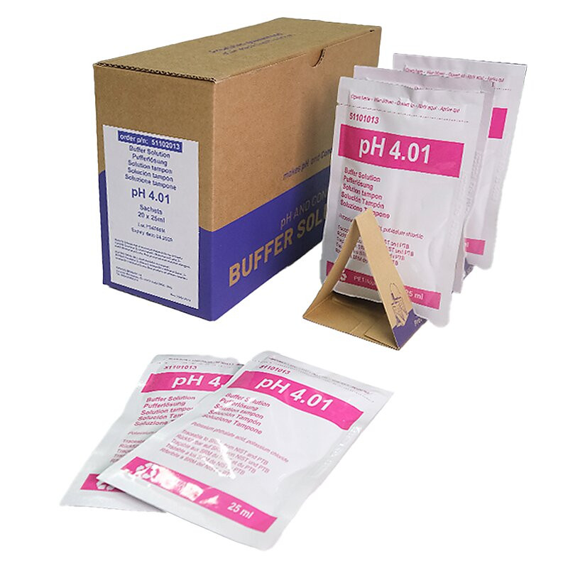 1x20 BUSTINE 25ml pH 4.01±0.02/25°C (red), with certificate of analysis